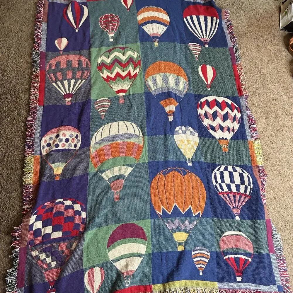 Hot Air Balloon Tapestry Cotton Blanket Throw w/Fringe 70”x46” Two Sided 1970s